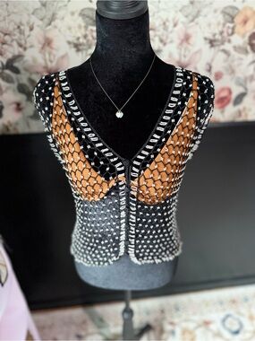 Hand Crafted Black, Brown and White Crocheted V-Neck Tank Top